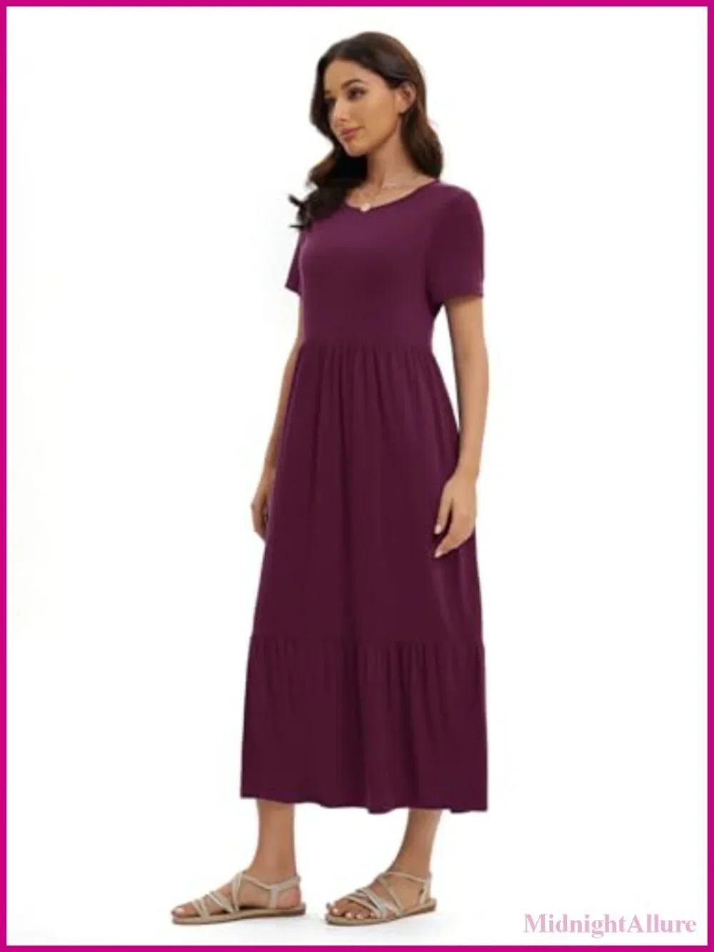 Women's Summer Maxi Dress Short Sleeve Crewneck Flowy Swing Tiered Long Beach